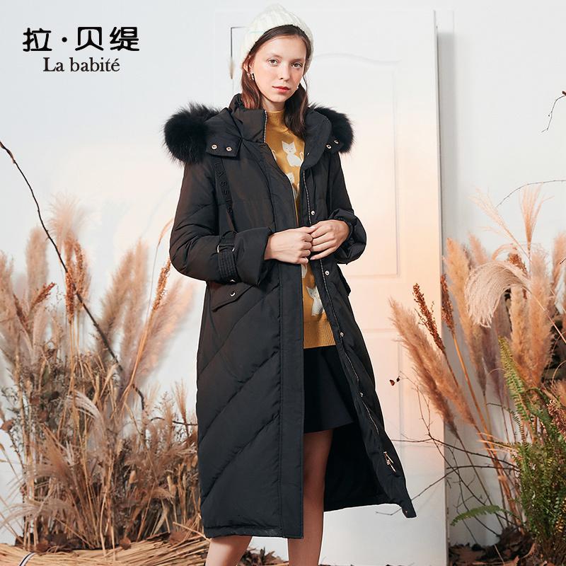 【专柜同款】Y拉贝缇粉色羽绒服女装中长款拉夏贝尔2019冬季新款时尚过膝外套60009286