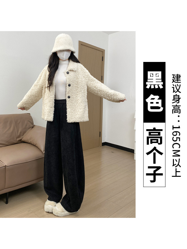 灰色毛呢裤女秋冬季加绒灯芯绒直筒小个子加厚羊羔绒阔腿裤子