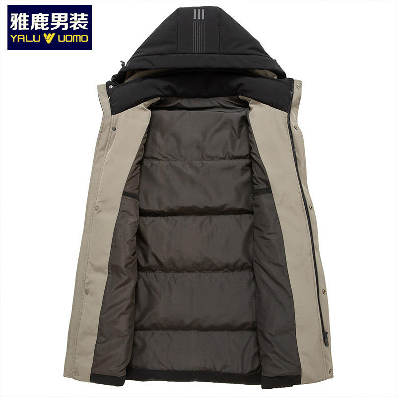 新品时尚简约连帽中长款纯色白鸭绒男士保暖羽绒服1013YA19906