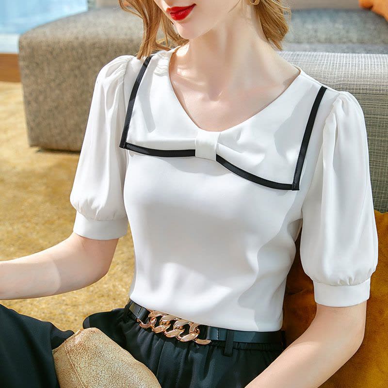 Ceba短袖雪纺衫女夏2022新款女装洋气丝滑缎面小衫撞色减龄娃娃领上衣图片
