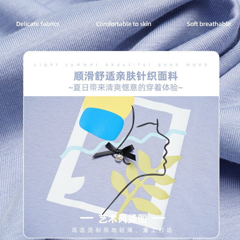 OUNIXUE欧昵雪 | [时尚休闲上衣]夏季艺术风圆领烫图短袖简约套头宽松T恤女