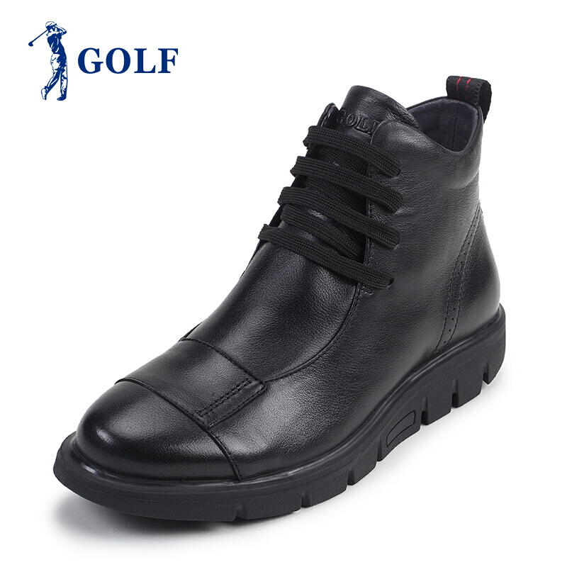 GOLF/高尔夫靴子男士英伦时尚牛仔靴潮流系带牛皮秋冬防滑保暖真皮休闲皮靴棉鞋男