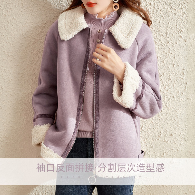 OUNIXUE欧昵雪 | [保暖羊羔毛上衣]冬季气质翻领加厚仿麂皮宽松斜插袋外套女