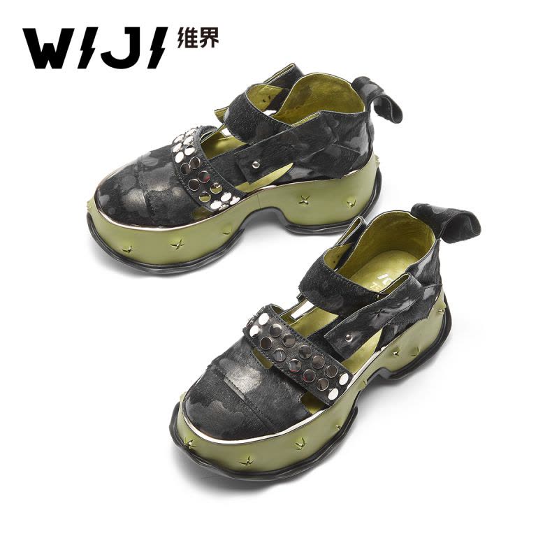 WIJI2018夏季新款黑色牛毛油蜡松糕底女鞋厚底韩版潮流铆钉搭舒适图片