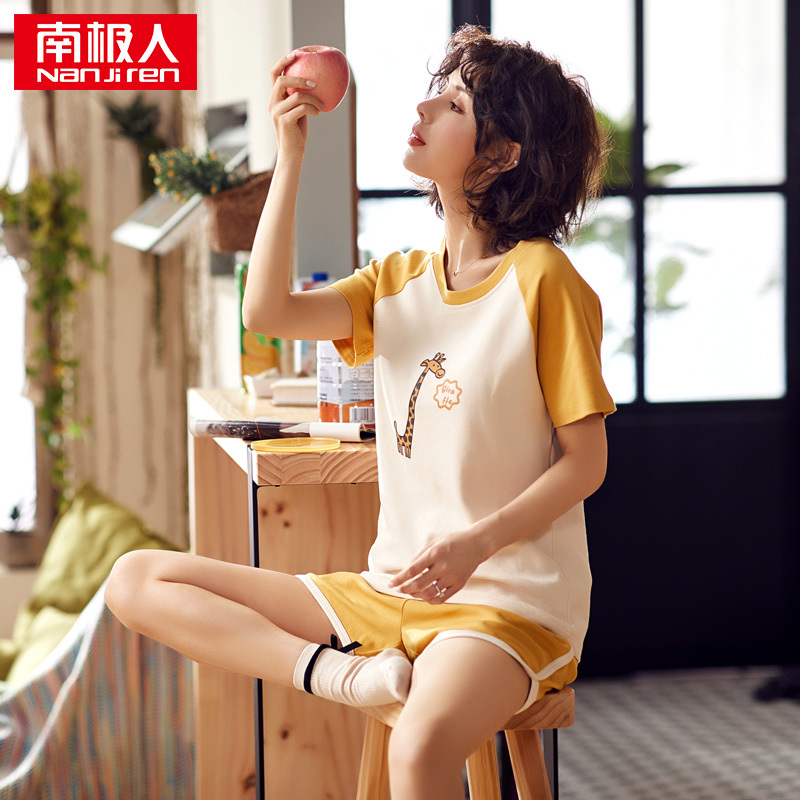 南极人睡衣女春夏季纯棉短袖宽松夏大码薄款家居服两件套装全棉韩版