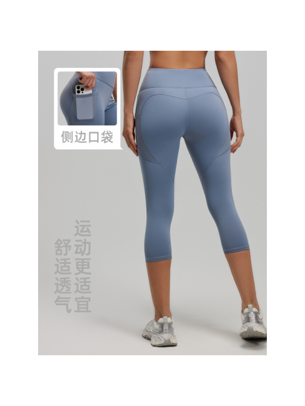 侧口袋七分瑜伽裤女高腰健身房蜜桃提臀健身裤运动紧身裤