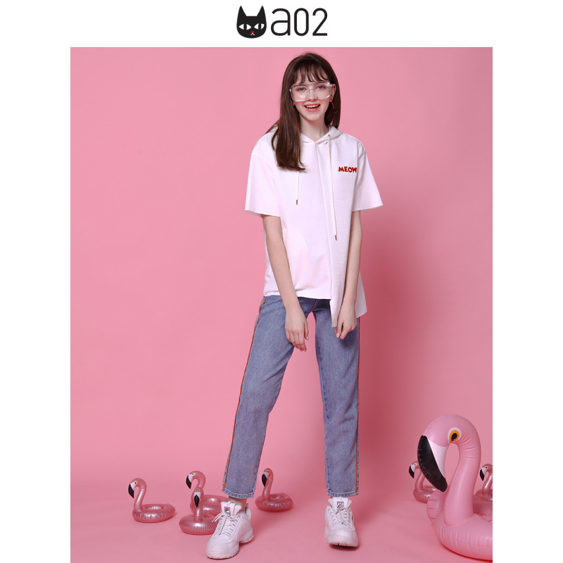 a02新款2020潮流字母刺绣印花不规则短袖连帽T恤女DVV1B0071KT