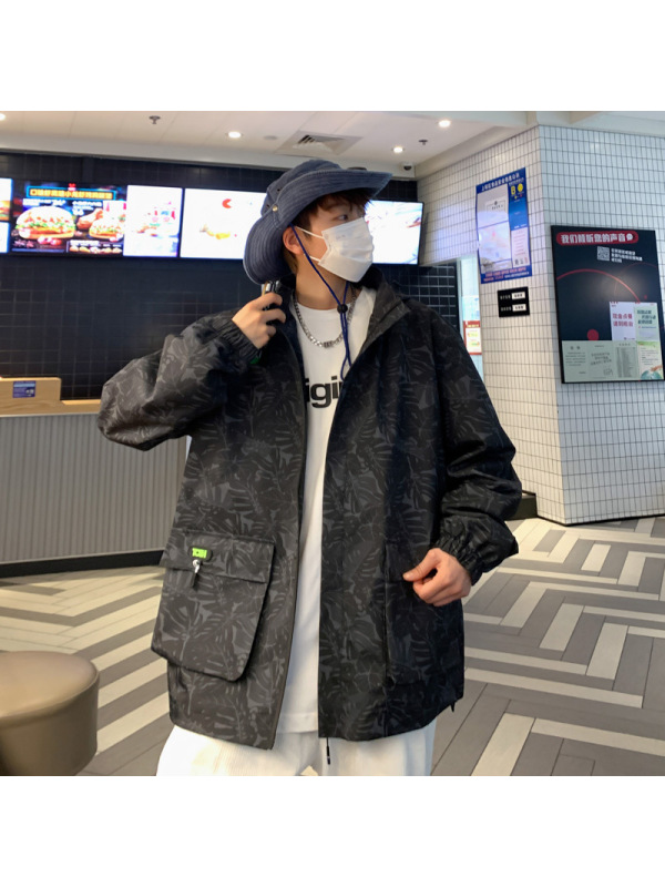 2024春秋季日系男士夹克纯色复古冲锋衣拉链口袋连帽休闲夹克男
