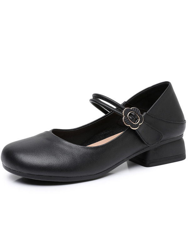 玛丽珍鞋女秋季复古牛皮圆头浅口四季单鞋中跟搭扣两穿乐福鞋