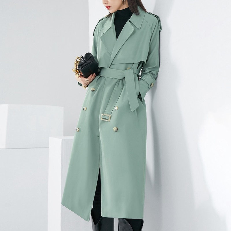 晚白2021春季新品时尚纯色百搭翻领长袖修身显瘦长款风衣外套女
