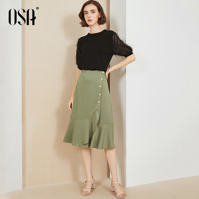 OSA欧莎雪纺鱼尾裙2019新款夏绿色高腰a字不规则半身裙女中长款