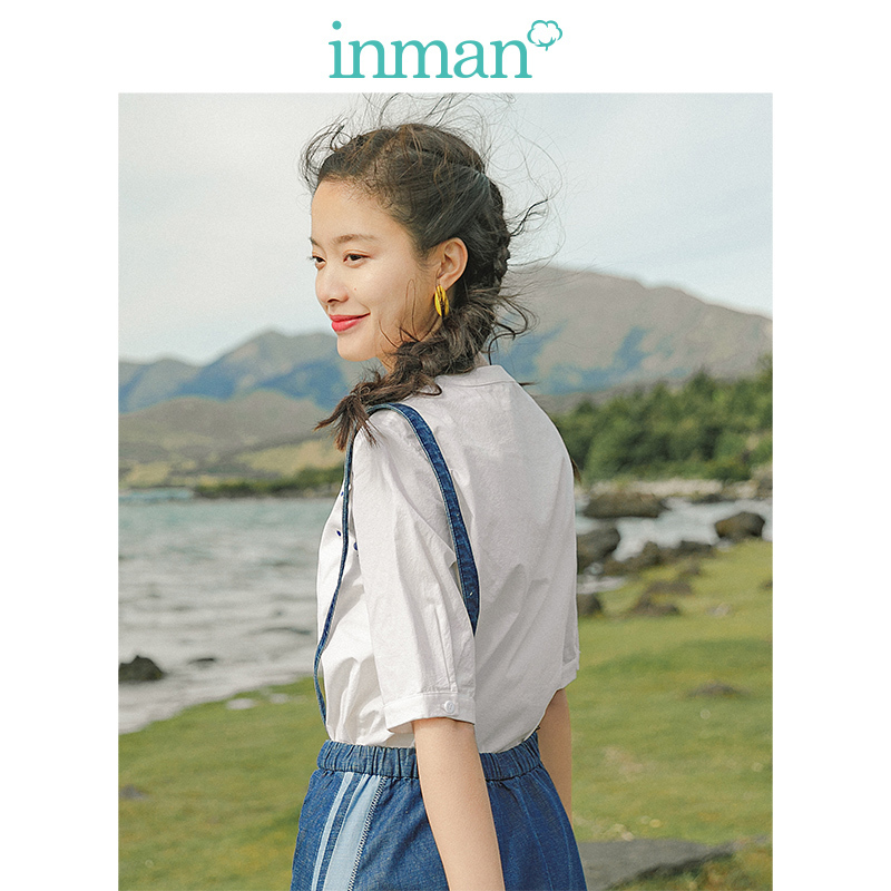 茵曼2019夏装新款V口圆领中袖宽松百搭文艺印绣花全棉衬衫上衣女