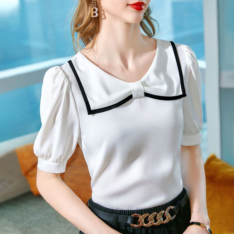 Ceba短袖雪纺衫女夏2022新款女装洋气丝滑缎面小衫撞色减龄娃娃领上衣图片