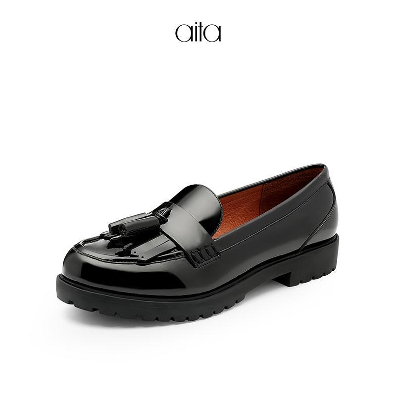 aita艾塔 春季新款黑色圆头深口单鞋平跟鞋时尚女鞋休闲鞋