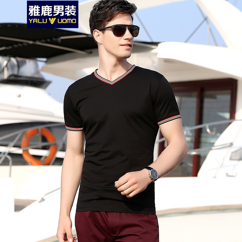 雅鹿男装2019春夏男装 百搭V领纯色T恤短袖打底衫男 18306