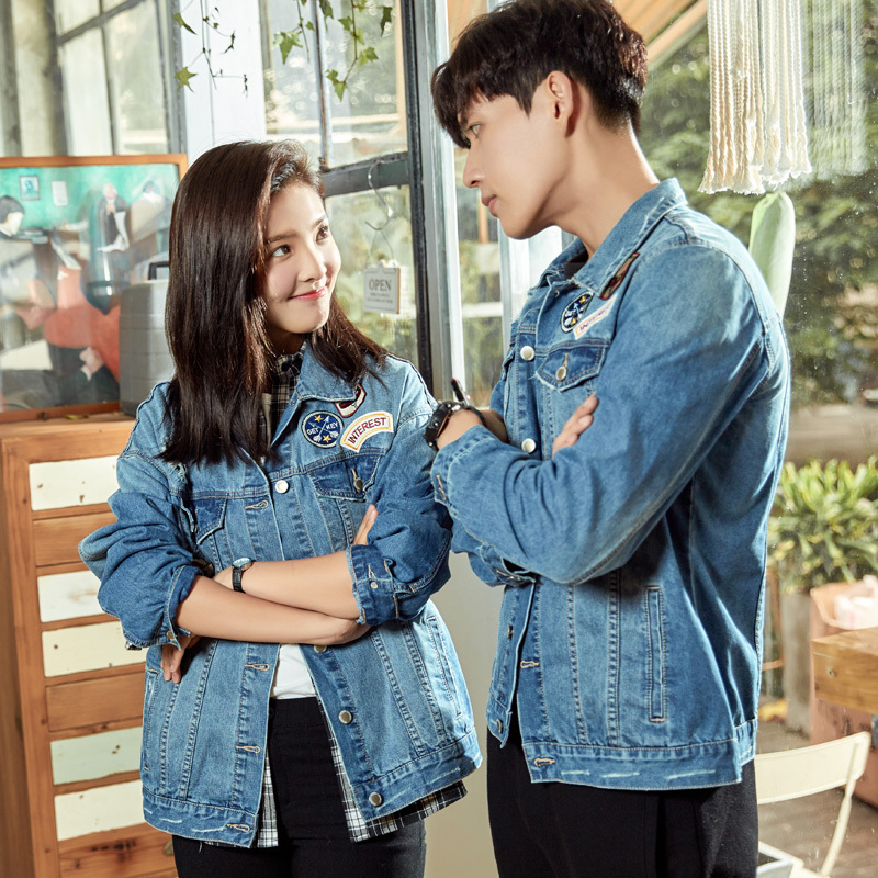 唐狮情侣牛仔外套2018秋装新款男女学生贴标牛仔夹克韩版帅气上衣
