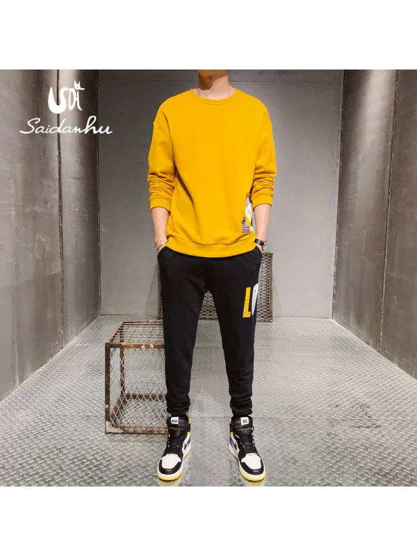 赛丹狐圆领男士套装搭配帅气春装长袖新款休闲衣服男潮流韩版HH0722