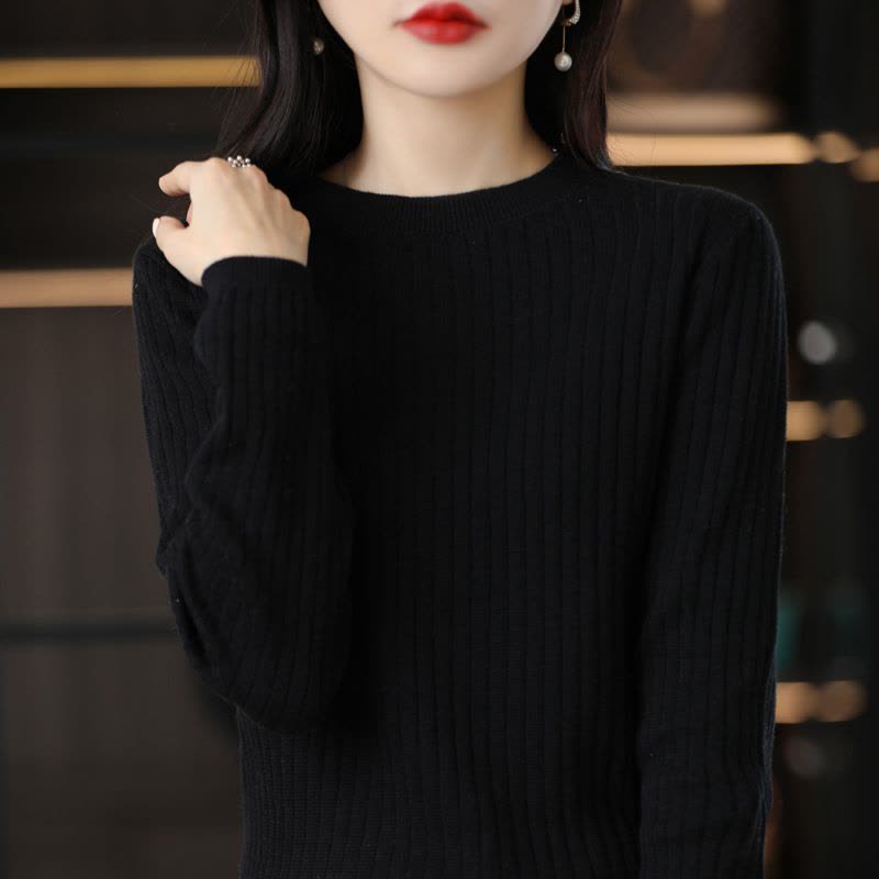棉线毛衣秋季新款女士圆领坑条长袖针织衫纯色显瘦打底衫图片