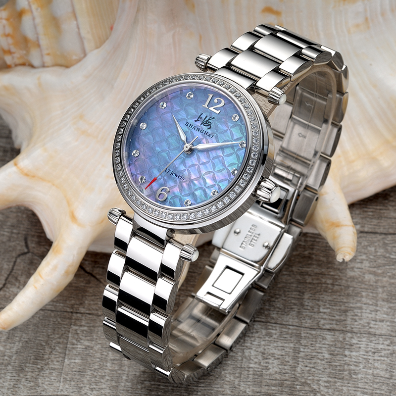 上海牌shanghai手动上链机械女表贝母表面镶钻时尚女士手表608