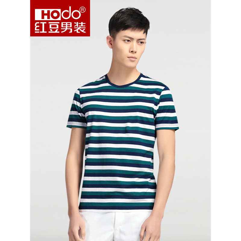 hodo红豆男装夏季男士t恤轻商务休闲简约舒适棉质圆领条纹短袖t恤男