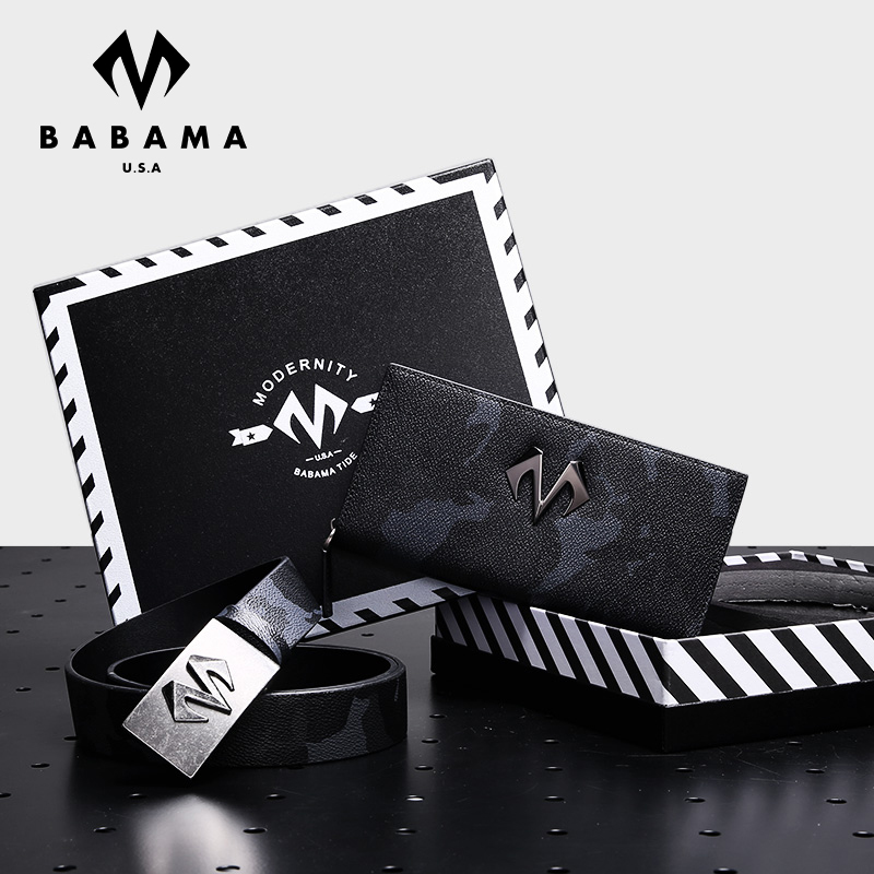 BABAMA皮带钱包套装男士新款时尚迷彩皮带平滑扣腰带板扣长款钱包礼物组合装 黑色927003101