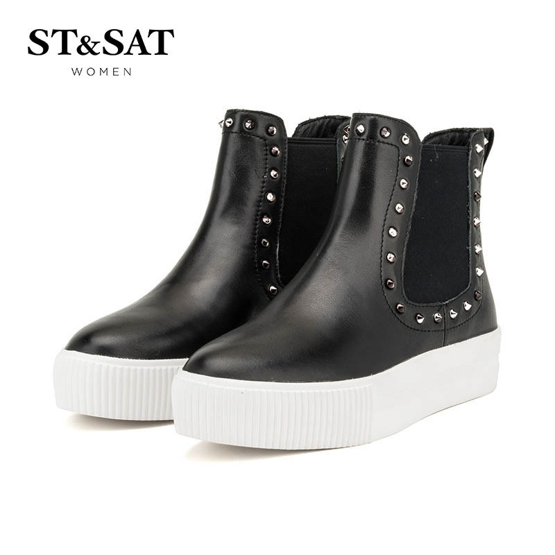 St&Sat/星期六冬牛皮松糕底铆钉切尔西短靴女靴子SS64117260