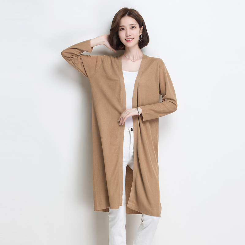 金菊女装初秋新款针织衫女士时尚休闲针织开衫女中长款修身显瘦外套