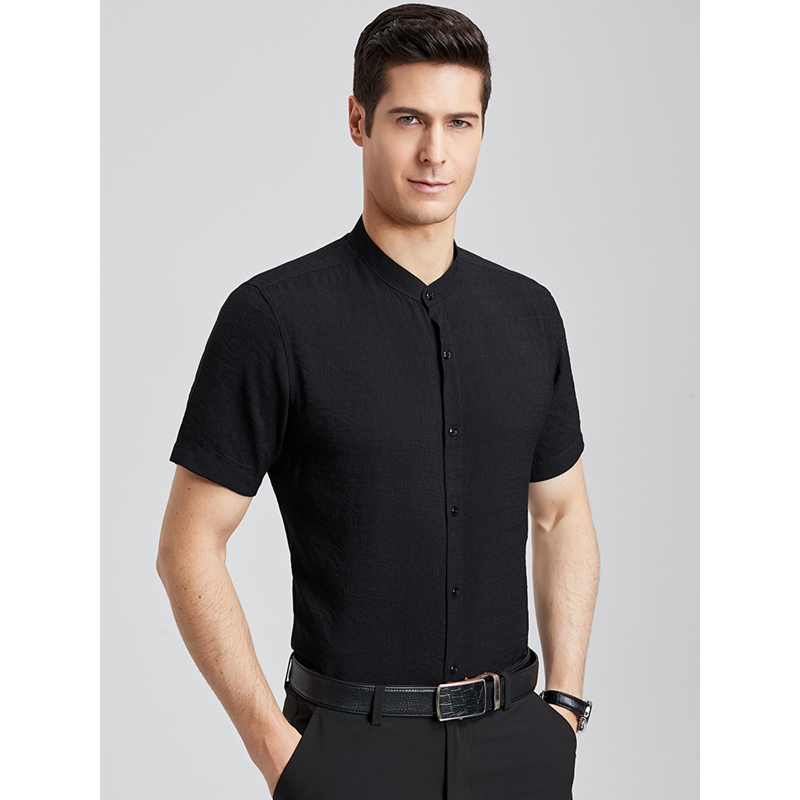 红豆相思鸟男装当季新品男士多色休闲中式立领华服纯色短袖衬衫