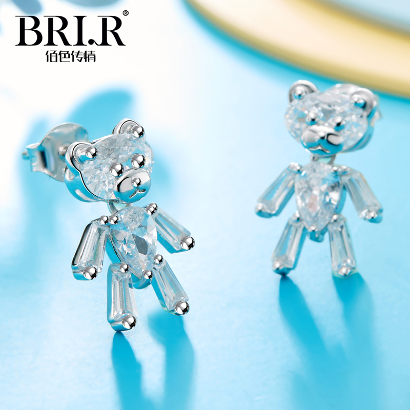 佰色传情(BRIR) 韩版创意款小熊耳钉s925银镶闪耀锆石女个性耳饰 BYE655