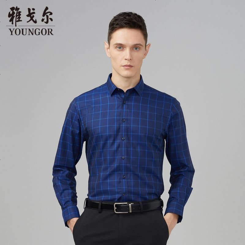 Youngor/雅戈尔秋冬新品男士商务正装纯棉蓝色修身长袖衬衫300FFY