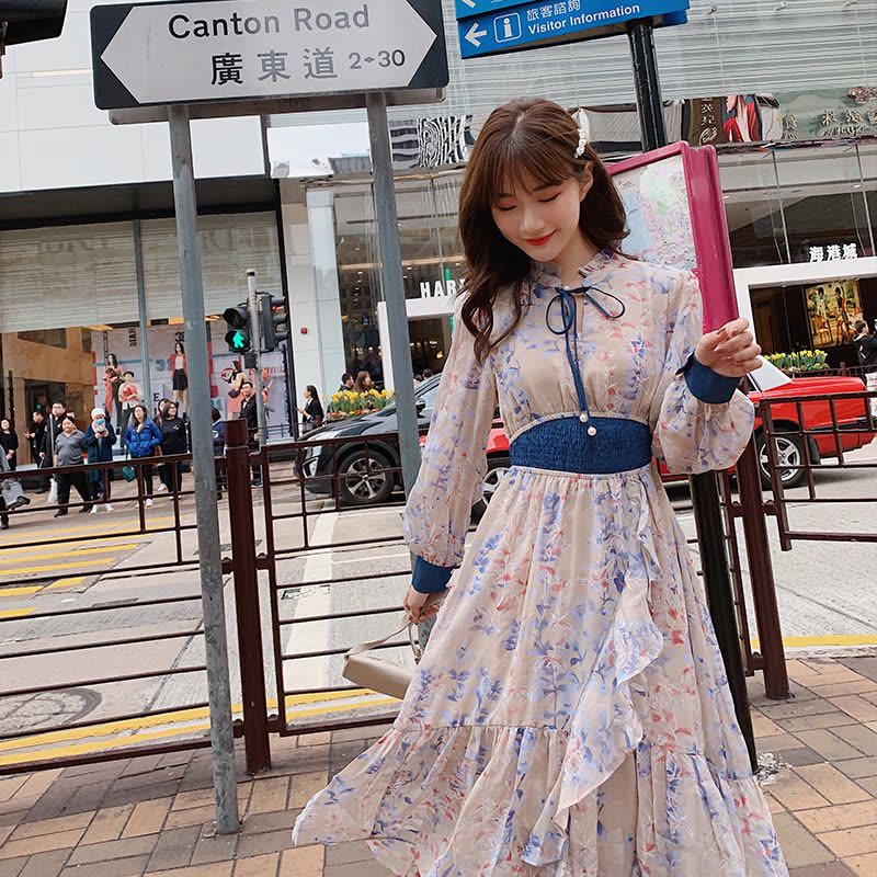 【COMEACROSS】2019年春季时尚潮流舒适简约个性拼色长袖中长款连衣裙图片