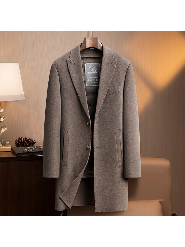 戗驳领脱卸鹅绒内胆双面呢大衣风衣男士加厚秋冬中长羊毛大衣外套