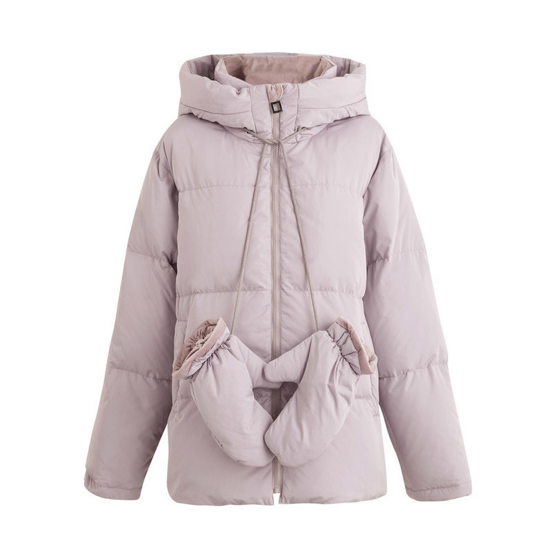 茵曼2018冬装新款双层领防风连帽文艺加厚面包羽绒服外套女配手套