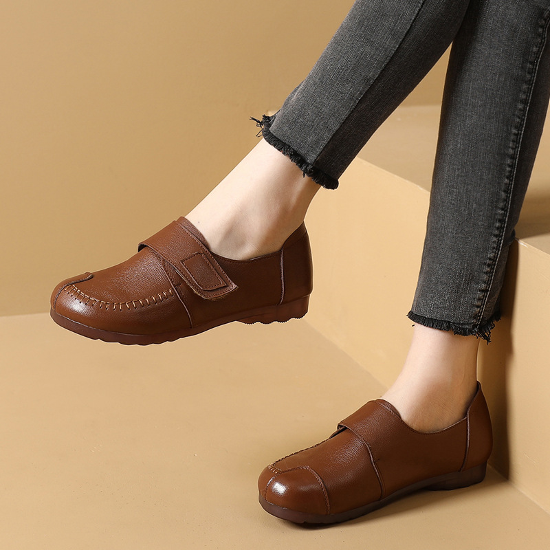 brookings大码头层牛皮魔术贴中口平底乐福鞋一脚蹬妈妈鞋大码工