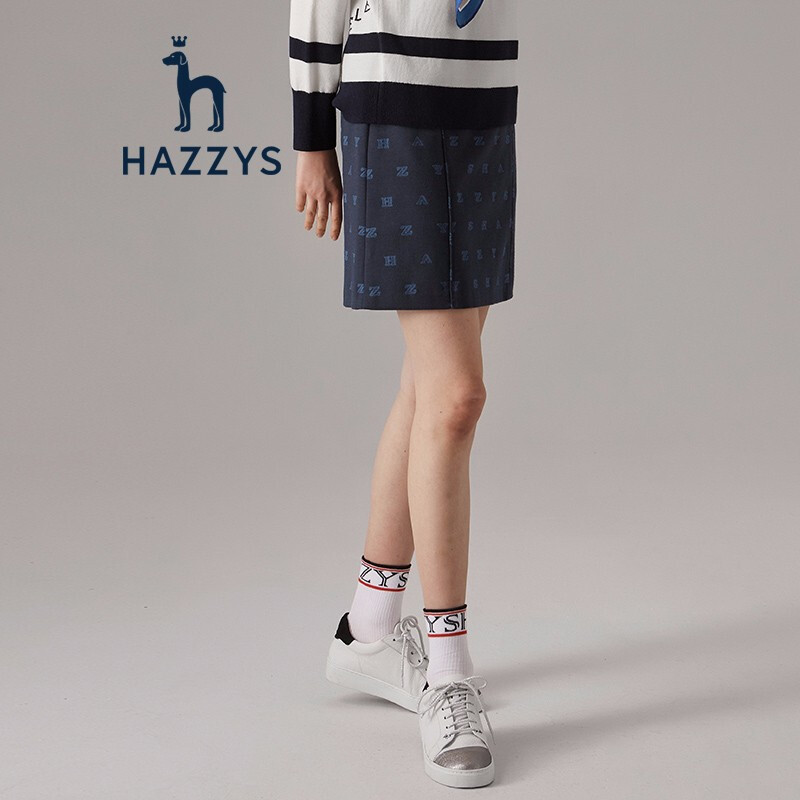 哈吉斯HAZZYS 秋季新款英伦时尚简约字母拼接女士半身裙 藏青色NV