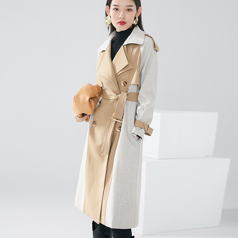 晚白2021春季新品时尚知性拼色翻领长袖职业简约百搭长风衣外套女