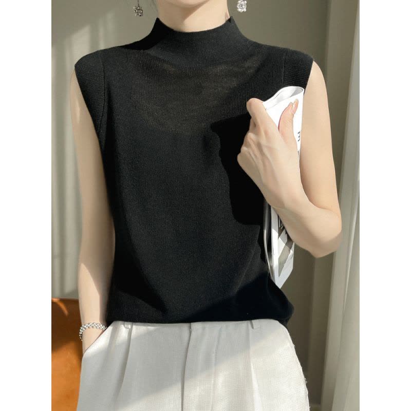 春夏季新款网纱拼接背心打底衫女半高领薄款羊毛镂空无袖针织T恤图片