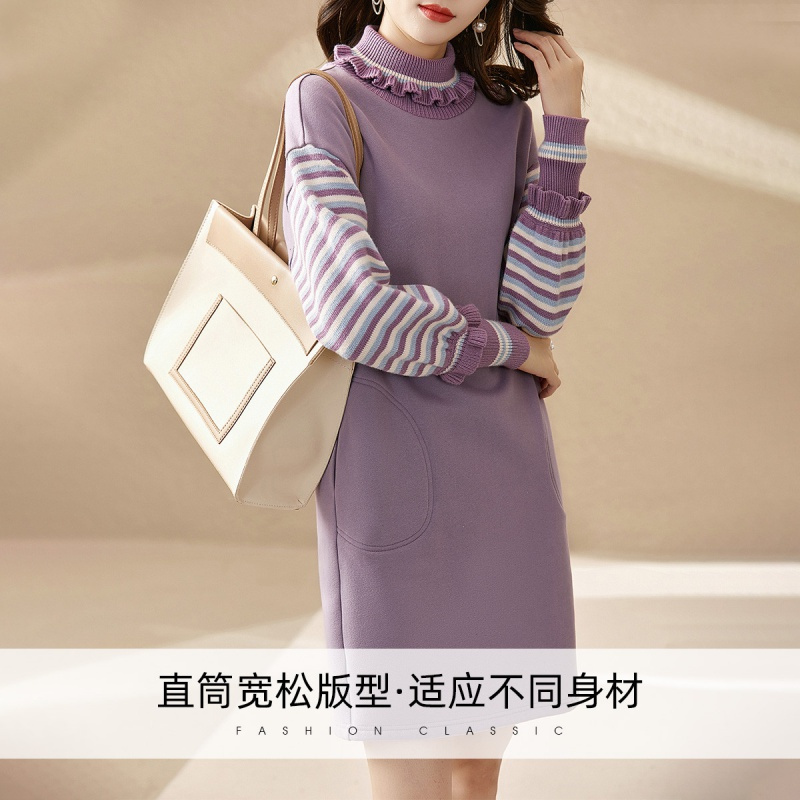 OUNIXUE欧昵雪 | [时尚抓绒卫衣裙]冬季慵懒减龄木耳边高领长袖直筒裙女裙子