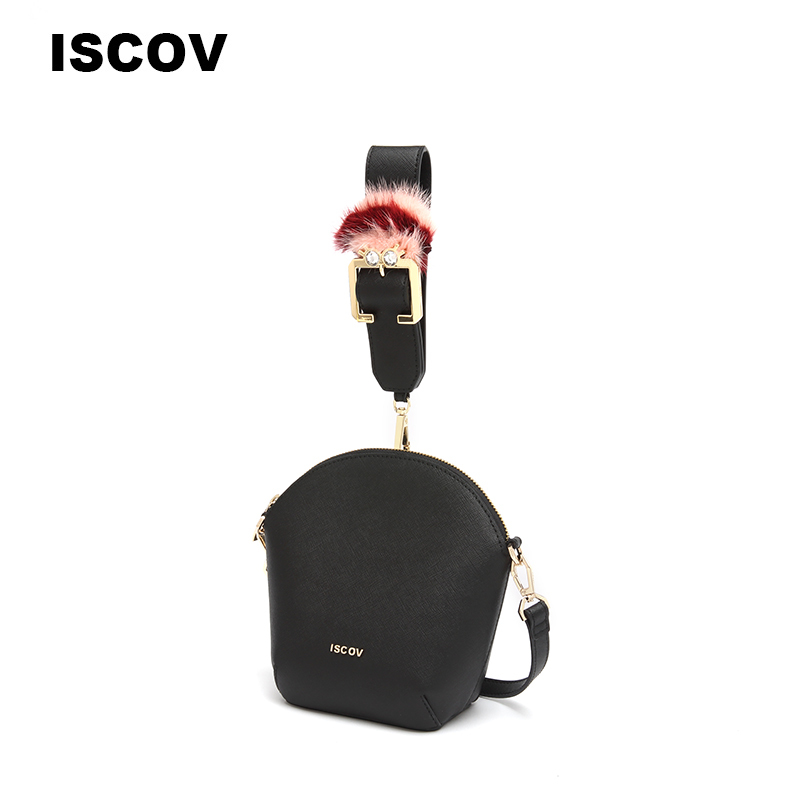 ISCOV十字纹牛皮斜挎包 春夏 时尚绒球手提单肩包