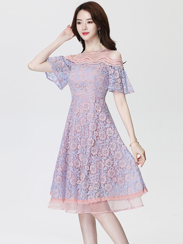 丝柏舍2019年夏季女装纯色网纱圆领露肩袖中长裙子s82r0451l