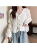 秋冬新款休闲韩版简约V领单排扣透气针织开衫长袖上衣女外套
