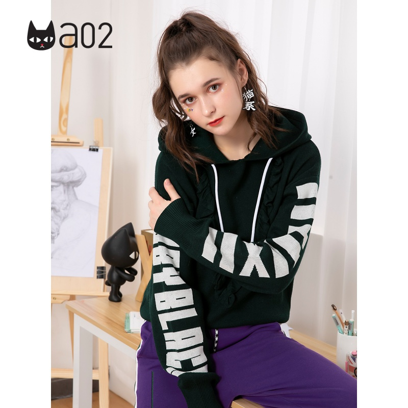 a02新款时尚字母印花木耳边连帽宽松针织衫女D1T6D0581ST