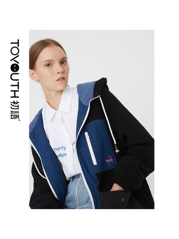 初语休闲拼接工装风外套女港风宽松韩版流行大衣潮