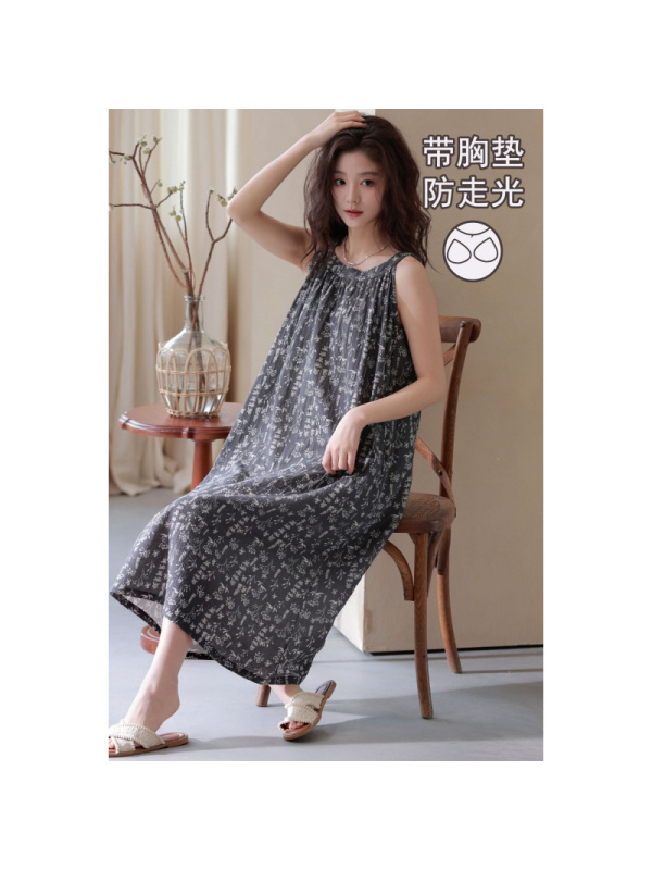 韩版清新小碎花云朵棉带胸垫睡裙女夏季中长款宽松家居服连衣裙