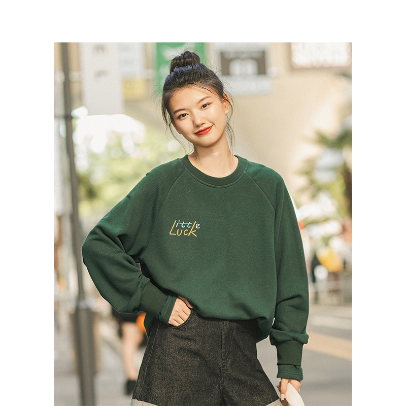 茵曼卫衣女2019秋季新款套头圆领文艺纯色字母绣花宽松版长袖上衣