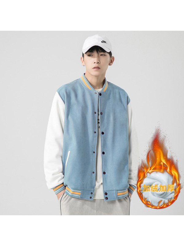 男装棒球服加绒秋冬季潮牌宽松立领罗纹纯色开衫夹克外套男士