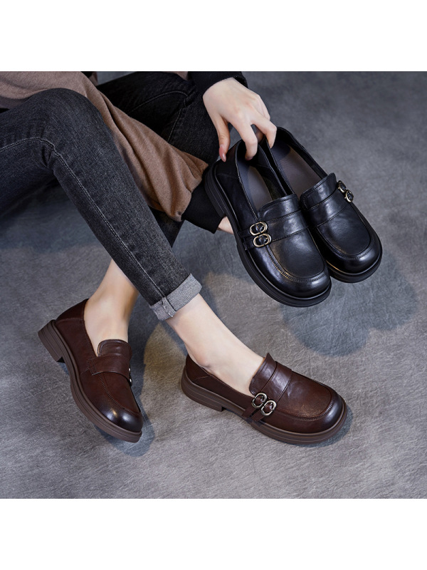 头层真牛皮单鞋女复古英伦风小皮鞋低跟软底一脚蹬乐福鞋