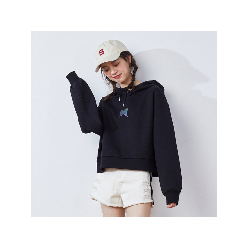 唐狮蝴蝶卫衣女2021新款春连帽短款黑色宽松上衣百搭ins网红卫衣