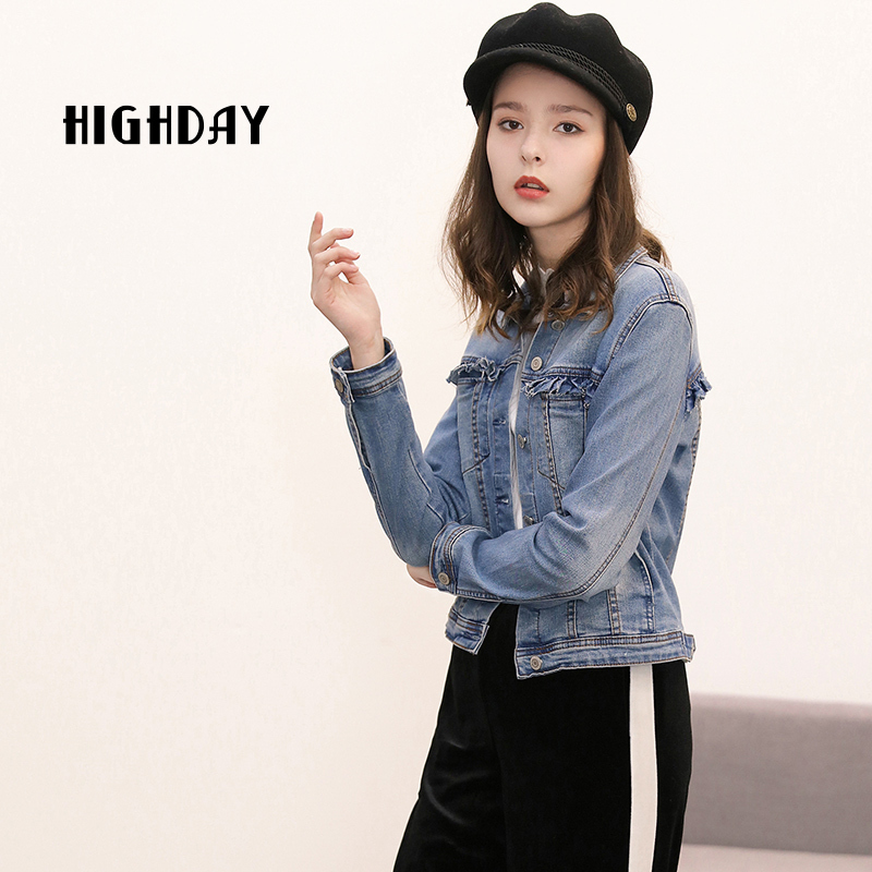 highday轩日春秋季个性短款牛仔外套时尚做旧女士休闲外套长袖