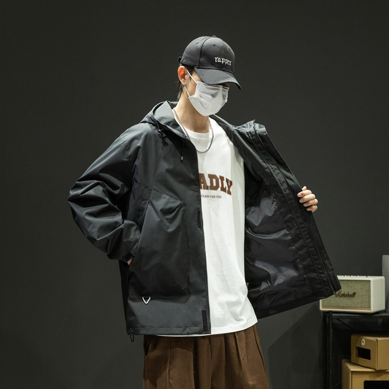 户外山系防风登山服单层连帽冲锋衣春秋季新款连帽工装夹克男外套